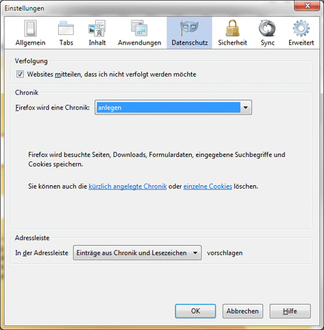 Firefox Einstellungen, Datenschutz Einstellungen um eine Chronik anzulegen