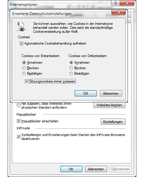 Internet Explorer Extras, Einstellungen, Erweiterte Datenschutzeinstellungen