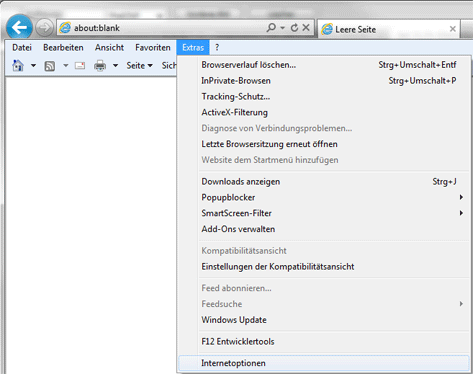 Internet Explorer klassisches Menu, Extras, Einstellungen