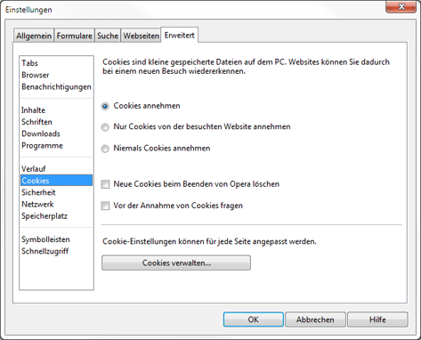 Opera Extras, Einstellungen, Erweitert, Cookies